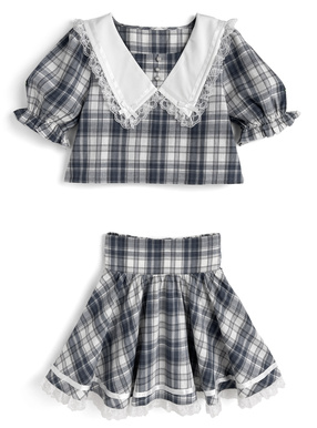 チェック柄レースリボンカラーブラウス×レースミニスカートセットアップ