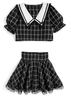 チェック柄レースリボンカラーブラウス×レースミニスカートセットアップ