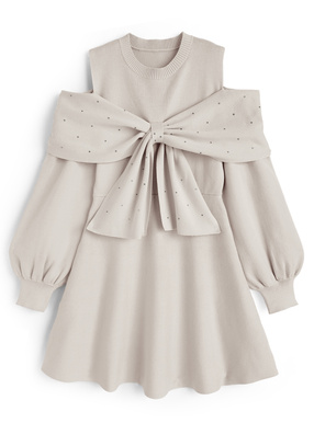 オープンショルダーラインストーンリボンニットミニワンピース