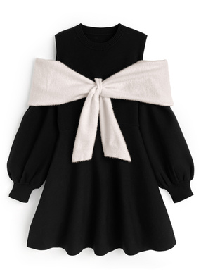 オープンショルダーシャギーリボンニットミニワンピース