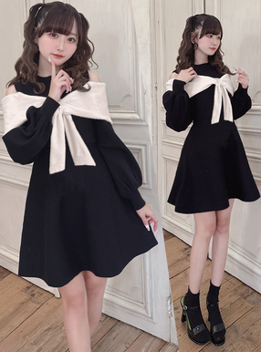 オープンショルダーシャギーリボンニットミニワンピース