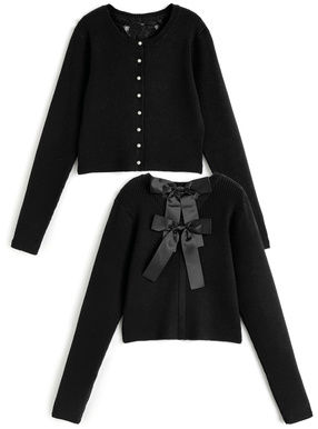 バックレースリボンリブニットカーディガン