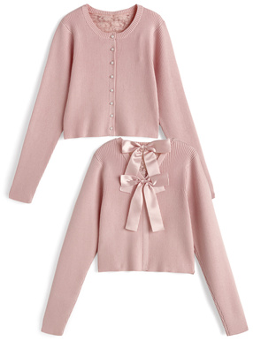 バックレースリボンリブニットカーディガン