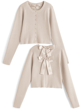 バックレースリボンリブニットカーディガン
