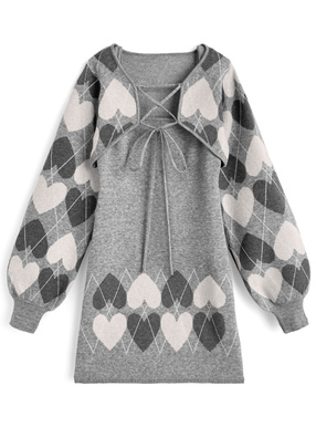 アーガイル柄レースアップボレロ×ミニワンピースニットアンサンブル