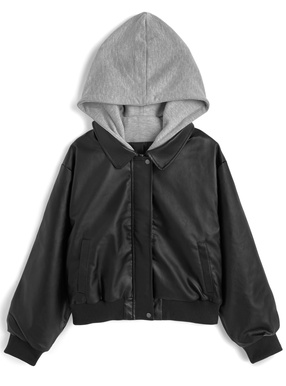 フード付きレイヤード風レザージャケット