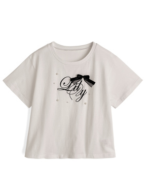リボンパールロゴ刺繍Tシャツ