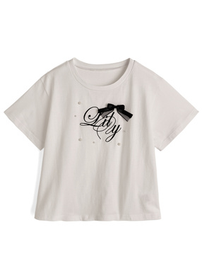 リボンパールロゴ刺繍Tシャツ