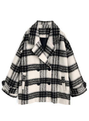 チェック柄シャギーコクーンコート
