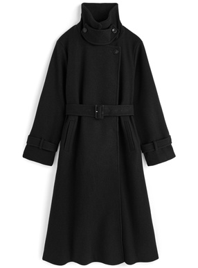 ベルト付きスタンドカラーロングコート