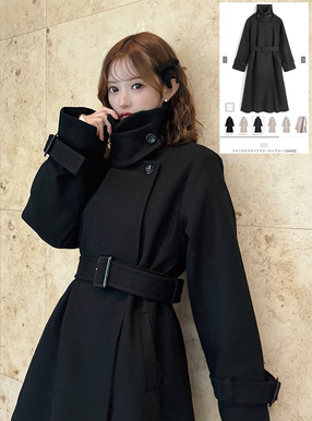 ベルト付きスタンドカラーロングコート
