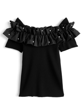 パールフリルオフショルダーニットトップス