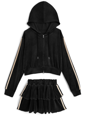 サイドラインダブルジップパーカー×ティアードミニスカートベロアセットアップ