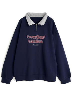 配色カラーハーフジップロゴ刺繍スウェットトップス