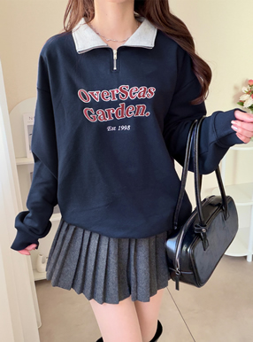 配色カラーハーフジップロゴ刺繍スウェットトップス