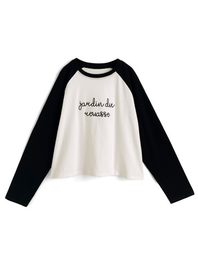 配色ラグランチェーンステッチロゴロンT