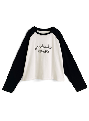 配色ラグランチェーンステッチロゴロンT