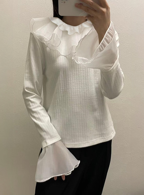 美品✨M'S GRACY フリルシアースリーブ 半袖ニットカットソー L フリルヨークシアースリーブリブトップス[zi455] | レディース