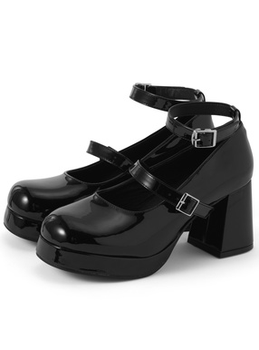 ダブルストラップチャンキーヒールエナメルパンプス