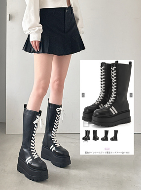 配色ラインレースアップ厚底ロングブーツ